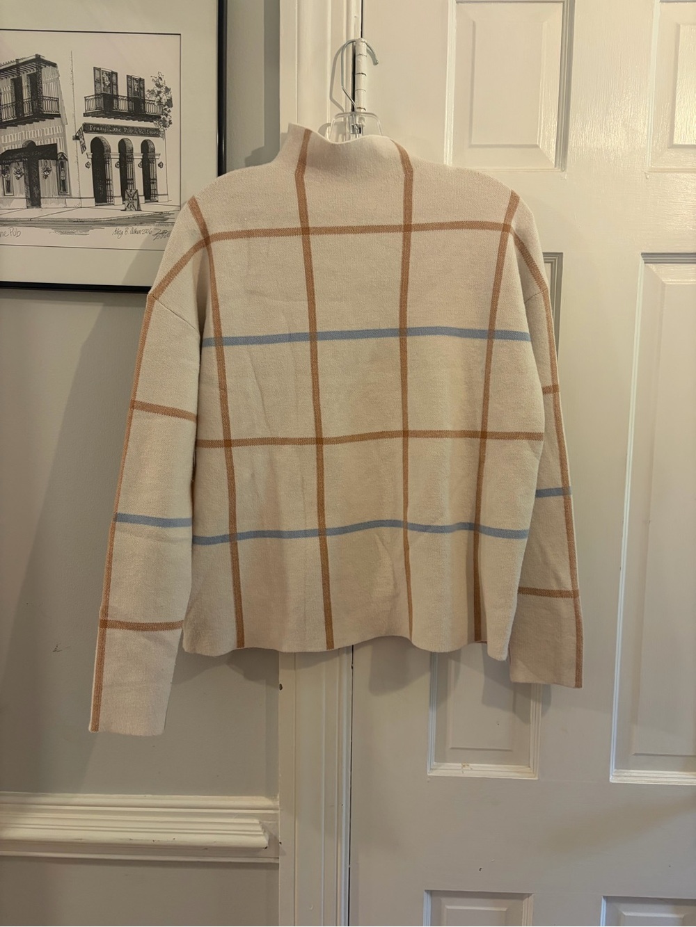 Tahari Cream Windowpane Mock Neck Sweater with Tan & Light Blue Stripes